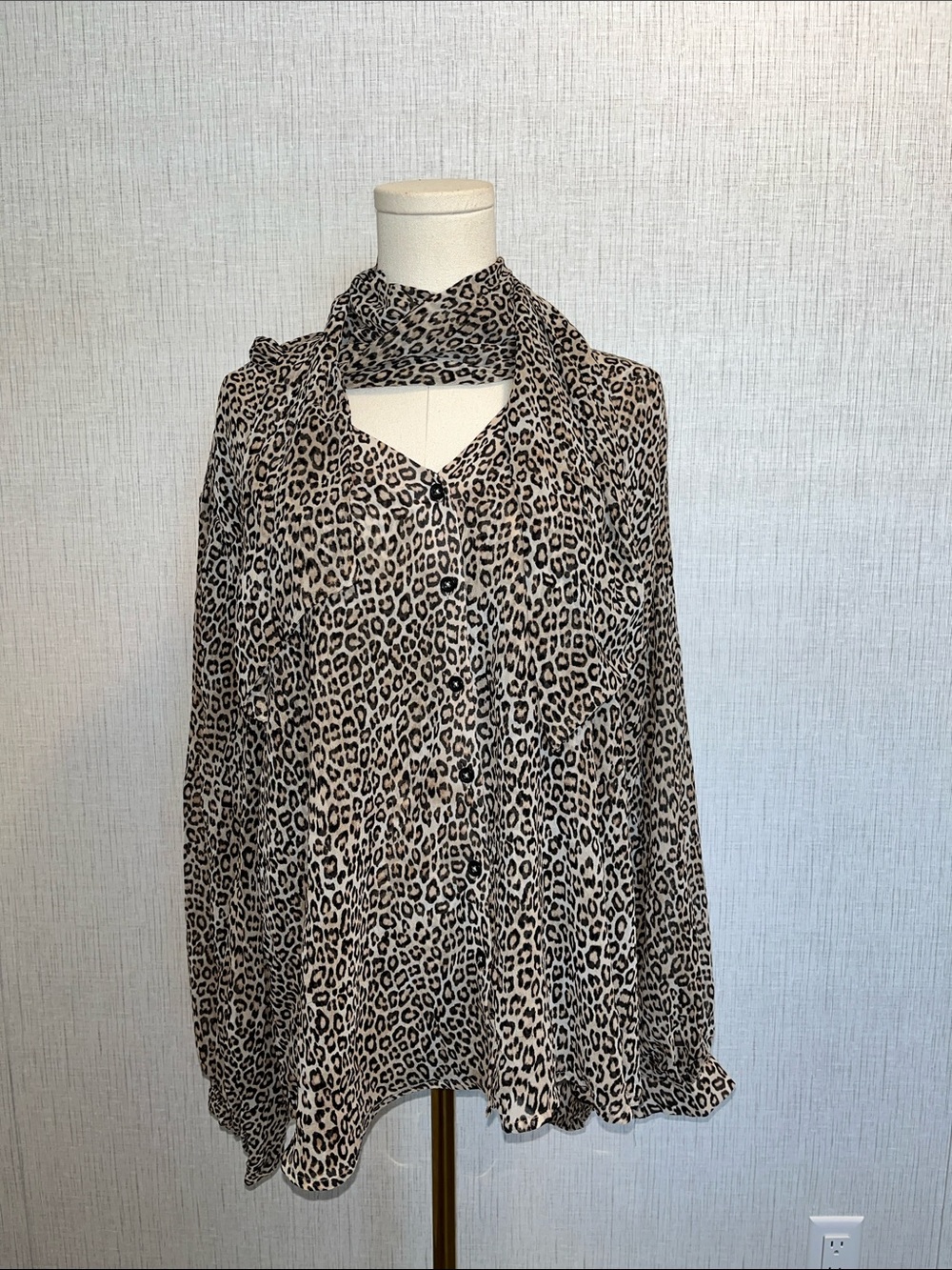 Chico's Leopard Print Button-Down Blouse with Scarf - Beige/Black